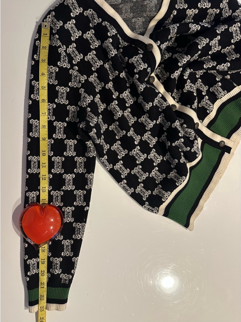 Black and White Patterned V-Neck Cardigan with Green Trim - Picture 7 of 8